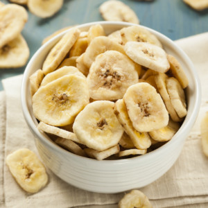 Homemade Dehydrated Banana Chips in a Bowl